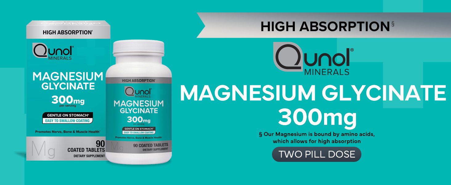 Qunol Magnesium Glycinate Tablets 300mg, 100% Chelated, Gluten-Free, 90ct