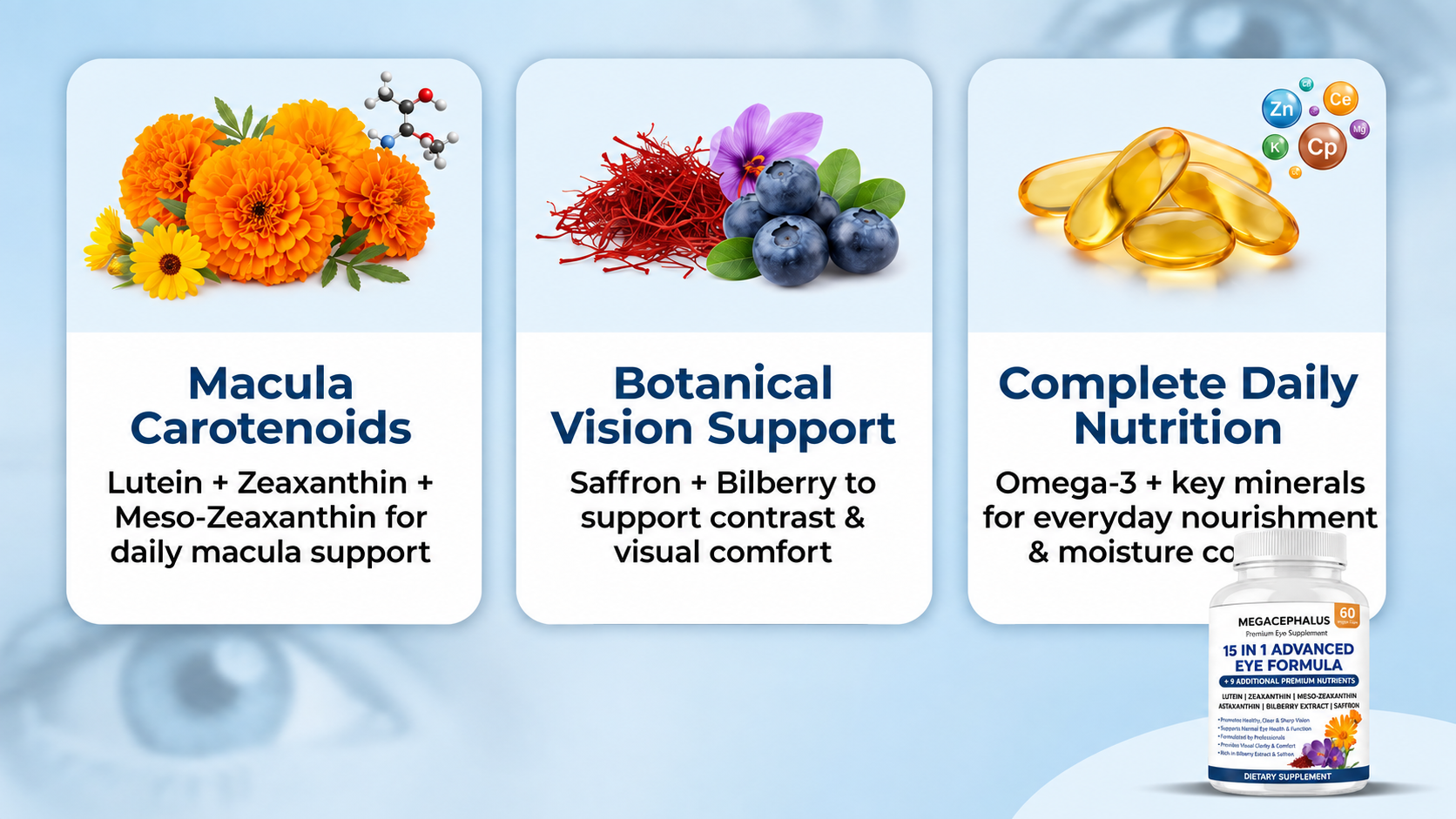 15-in-1 Advanced Eye Formula, Eye Formula with All 3 Carotenoids, Lutein & Zeaxanthin, Bilberry Extract and Saffron, 60 Capsules