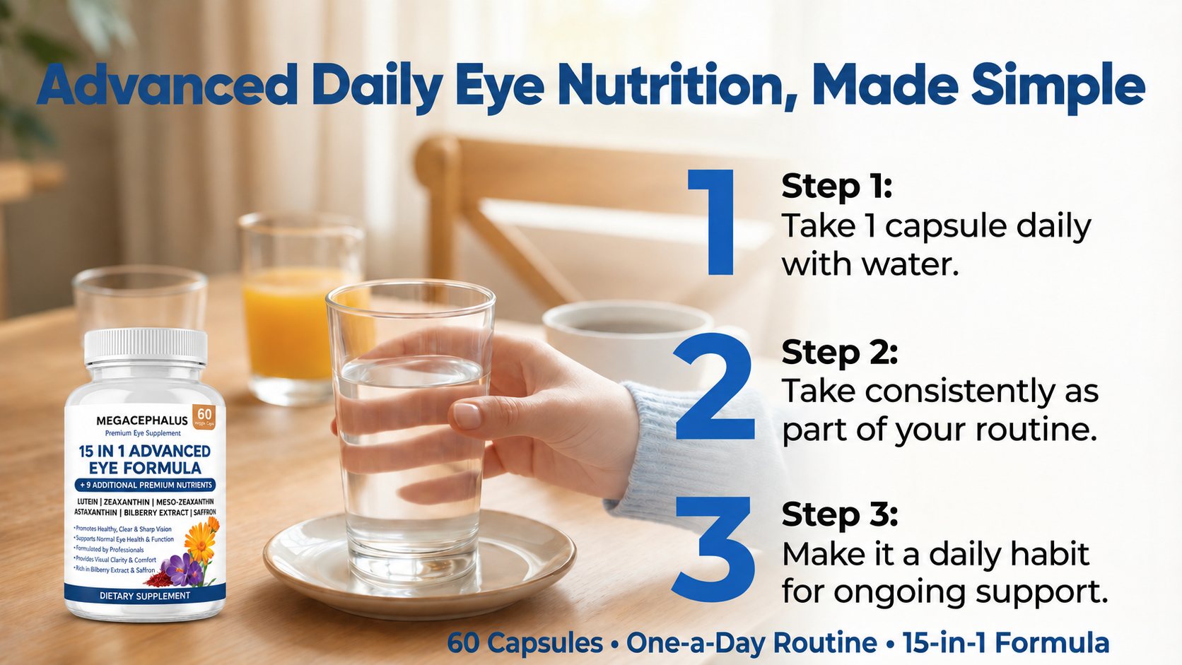 15-in-1 Advanced Eye Formula, Eye Formula with All 3 Carotenoids, Lutein & Zeaxanthin, Bilberry Extract and Saffron, 60 Capsules