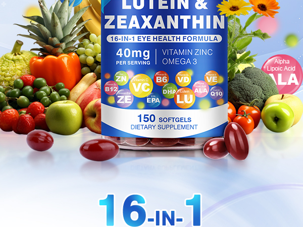 Lutein and Zeaxanthin Supplement - AREDS 2 Plus+ Eye Vitamins 40 mg Lutein & 8 mg Zeaxanthin with Vitamins C, E, Zinc, Omega-3 & CoQ10 - 150 Softgels