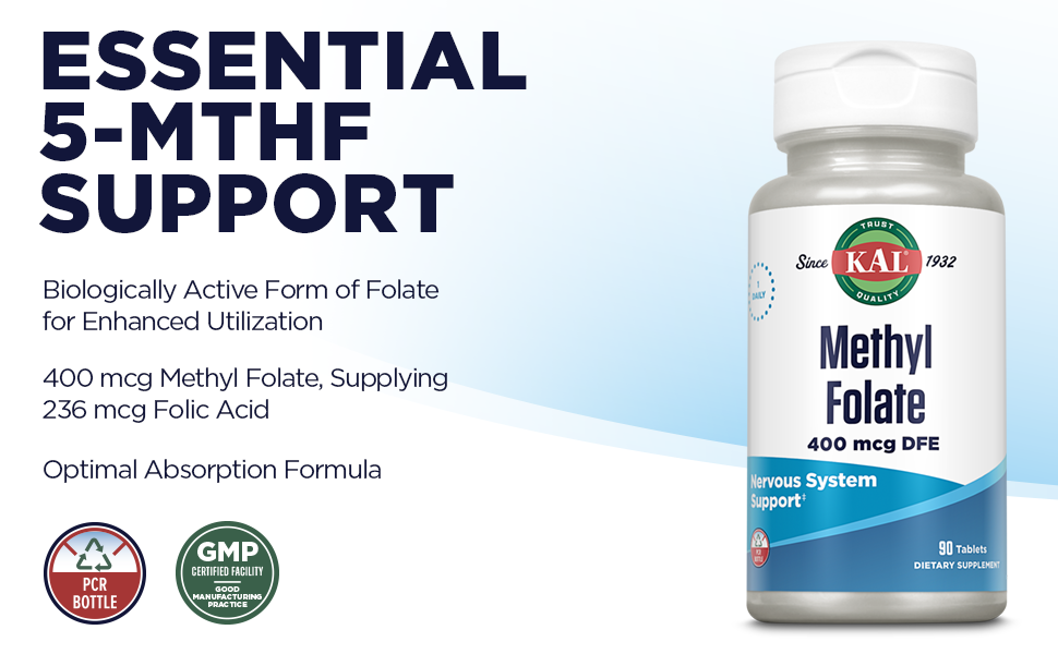 KAL Methyl Folate 400 mcg, 5-MTHF Active Form, 90 Tablets