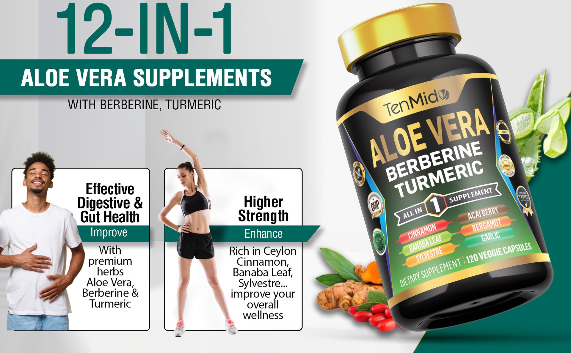 Aloe Vera Capsules Supplement - 12in1 Formula - Combine with Berberine, Turmeric, Ceylon Cinnamon, Banaba Leaf, Gymnema Sylvestre, Acai Berry, Bergamot, Garlic, and More - 120 Capsules