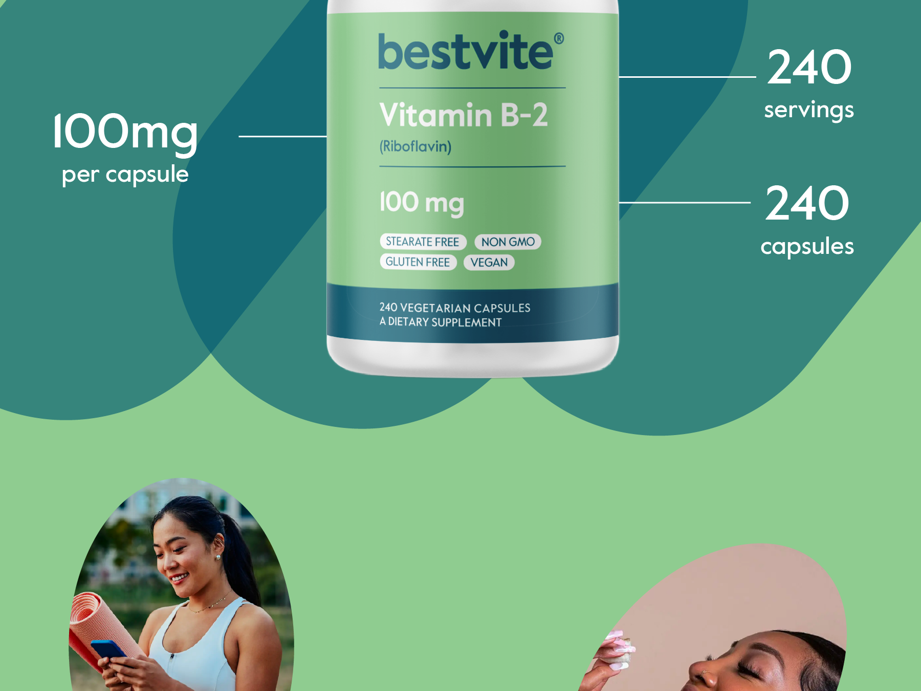 BESTVITE Vitamin B-2 (Riboflavin) 100mg (240 Veg Caps) - No Stearates