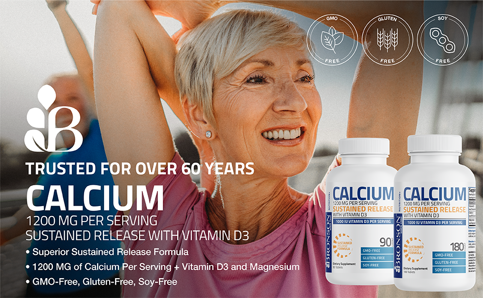 Bronson Calcium 1200 mg Sustained Release + Vitamin D3 1000 IU, 180 Tablets