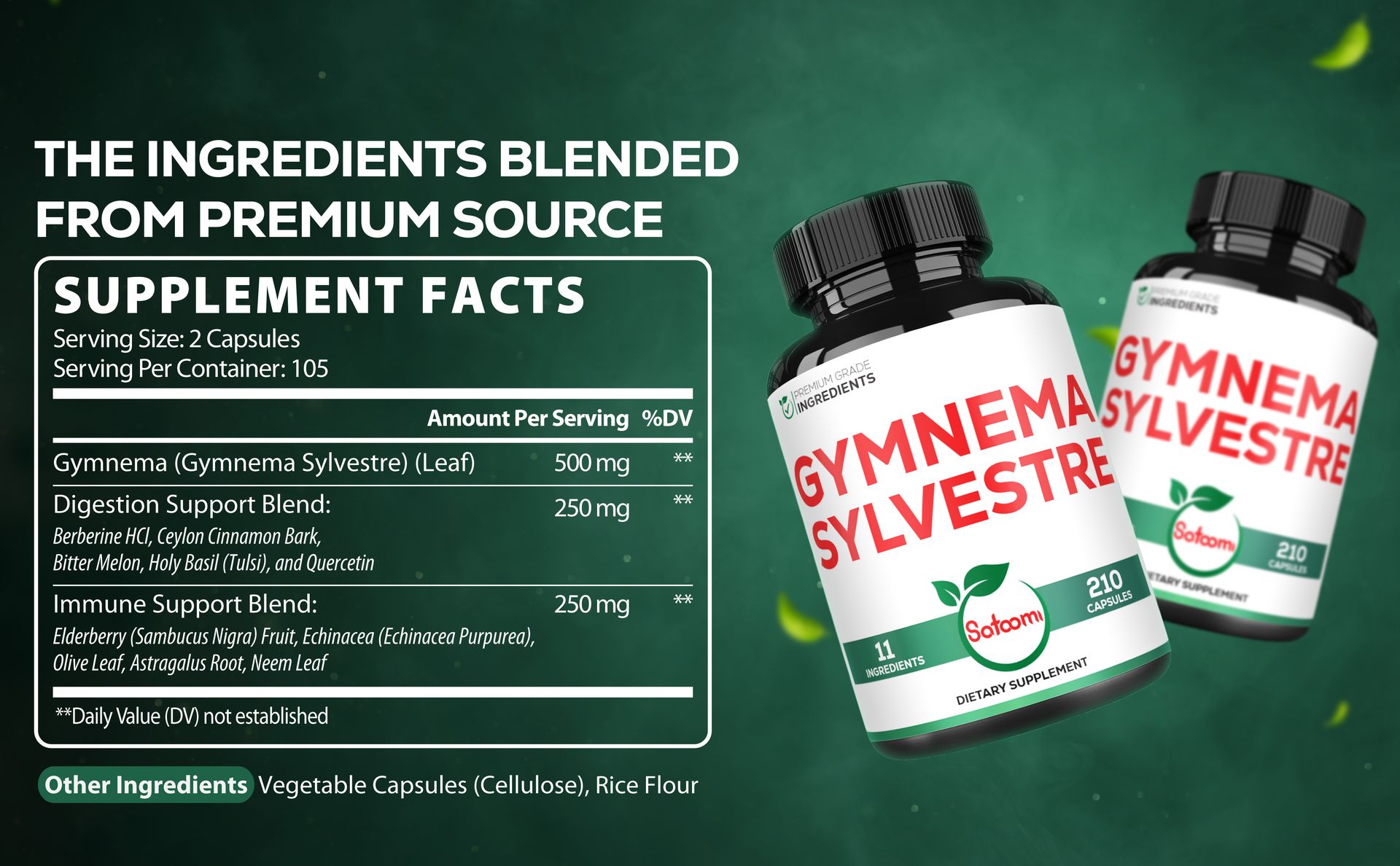 Satoomi 1000mg Gymnema Sylvestre Supplements - 210 Capsules - Gymnema Extract 20:1 with Berberine HCl, Quercetin & More - Support for Immune, Digestive Health & Body Management