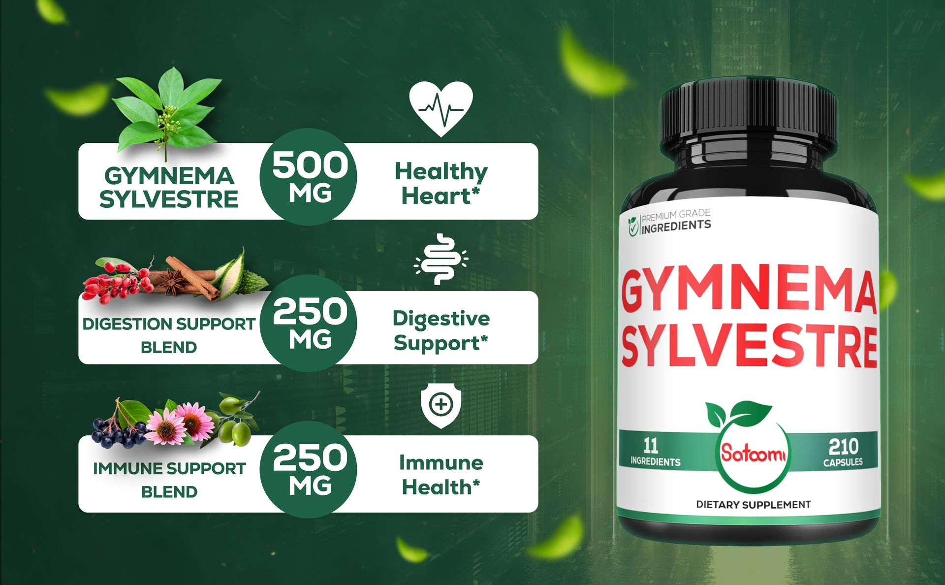Satoomi 1000mg Gymnema Sylvestre Supplements - 210 Capsules - Gymnema Extract 20:1 with Berberine HCl, Quercetin & More - Support for Immune, Digestive Health & Body Management