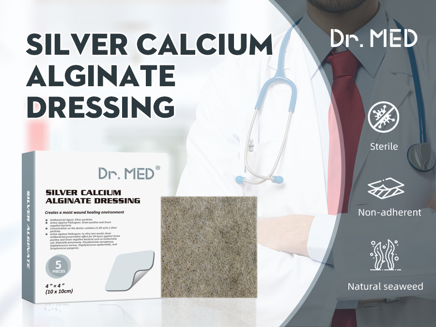 Dr. Med Silver Calcium Alginate Wound Dressing 4''x4'' Patches, 10 Individual Pack High Absorbency Ag Alginate Wound Bandage, Non-Adhesive, Painless Removal Gauze for Bedsore, Ulcers, Skin Abrasions