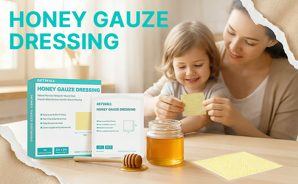 Manuka Honey Wound Dressing 2" x 2" Nonstick Gauze Pads, Sterile Medical Grade Manuka Honey for Wound Care, Honey Patch Wound Repair for Burns, Abrasions, Cuts and Scalds (Individually Pack of 10)