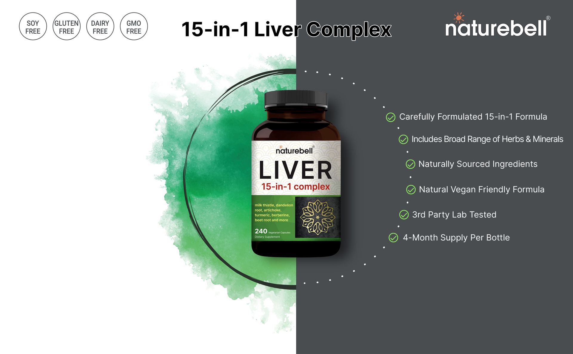Liver 15-in-1 Complex, 240 Veggie Capsules | Herbal & Mineral Blend - Milk Thistle, Dandelion Root, Artichoke, Black Currant Oil, Turmeric, Chicory, Zinc, Choline, & More | Non-GMO