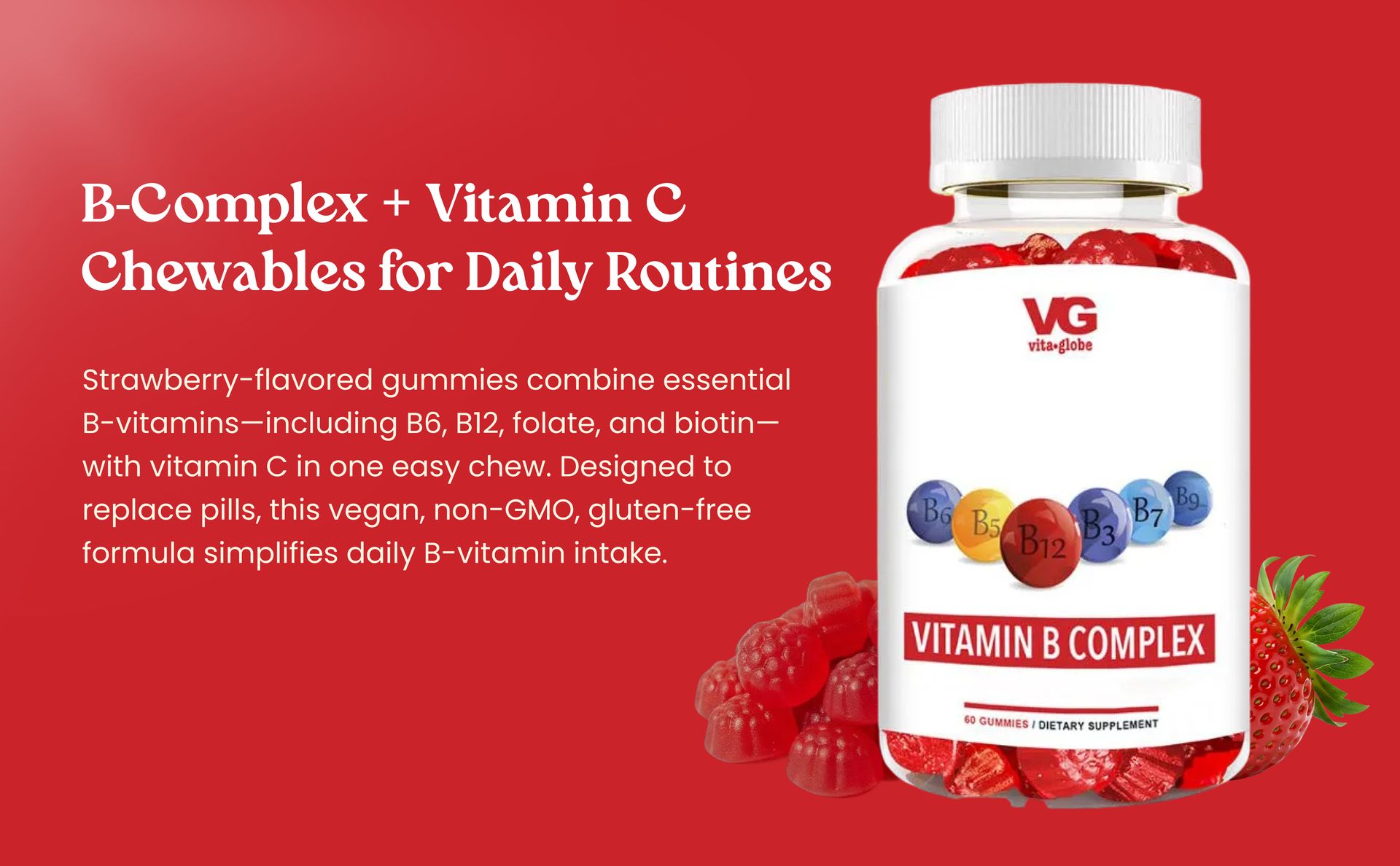 VITA GLOBE B Complex Gummies 5000mcg for Hair Skin Nails Growth, Non-GMO