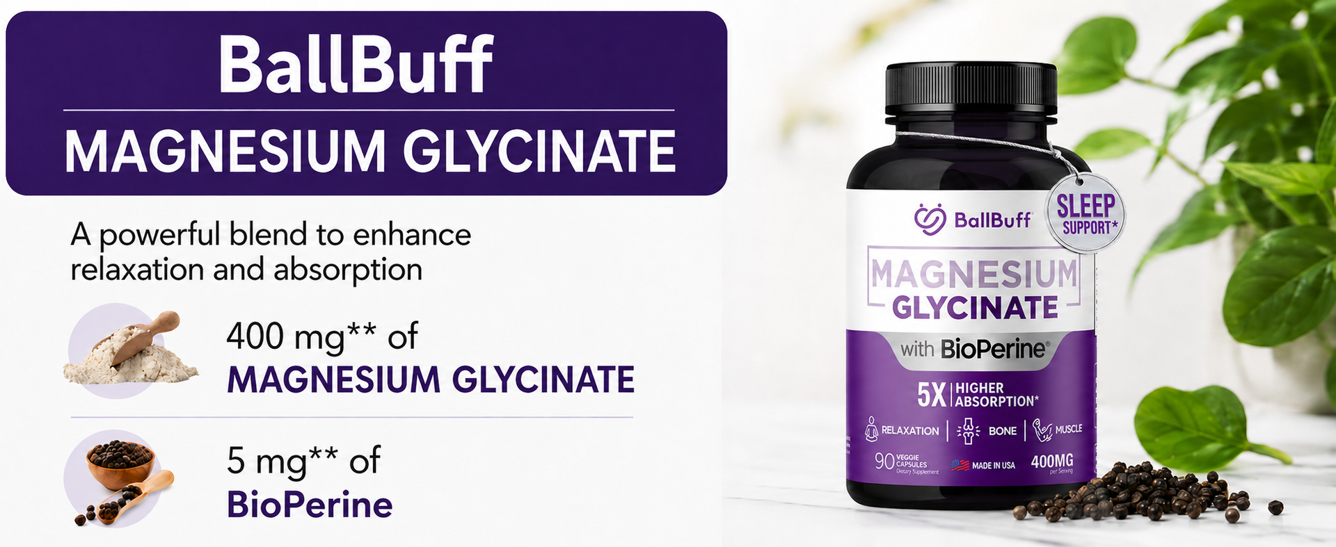 Pure Magnesium Glycinate 400mg - 5X Higher Absorption - Support Stress Relief, Sleep, Bone Health - 100% Chelated - Pure Magnesium Supplement for Women and Men- 90 Veggie Capsules