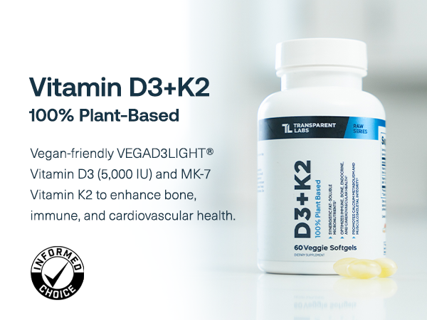 Transparent Labs Vitamin D3 K2 - Vitamin D & K2 Vitamin Supplement for Men & Women, Vegan-Friendly D3K2 5000 IU Supplements to Support Bone, Immune, and Overall Health - K2 D3 60 Capsules