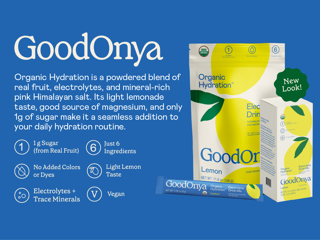 GoodOnya Organic Hydration Electrolyte Drink Mix, Certified Organic Hydration Powder, Non-GMO, Biochecked Glyphosate Free, Low Sugar, Lemonade Flavor, No Artificial Flavors, 42 Servings