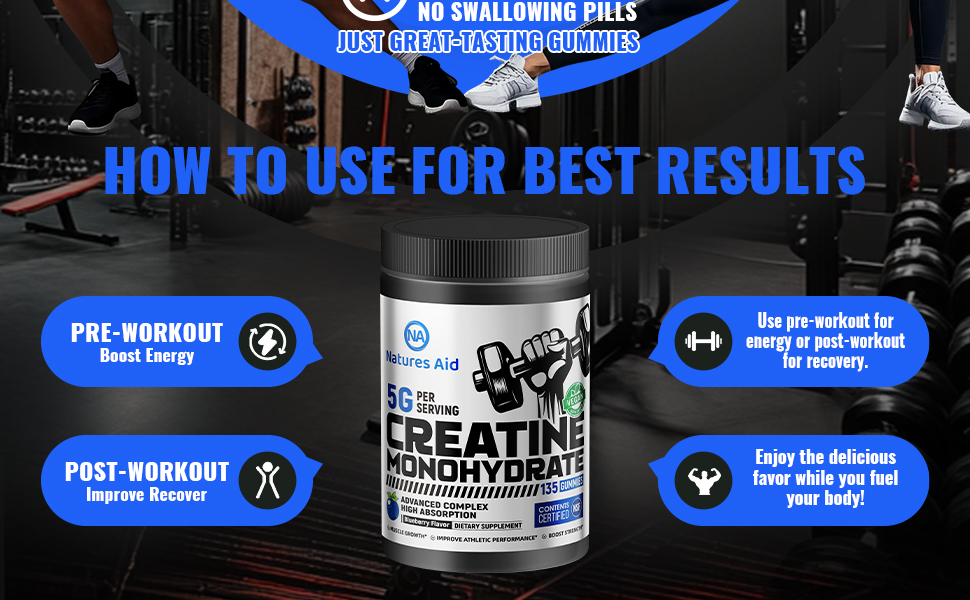 Natures Aid NSF Certified Creatine Gummy 5g - Creatine Monohydrate Gummies – Pre-Workout Energy & Muscle Growth Support for Men & Women | Blueberry Electrolyte Gummies (135 Count)