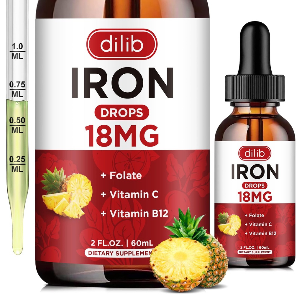 Tambahan Besi Liquid untuk Perempuan & Men Iron Drops Besi Suplemen untuk Anemia dengan Folate, Vitamin C, B12 untuk Red Blood Cell Support - Pineapple Flavor, 2 Fl Oz
