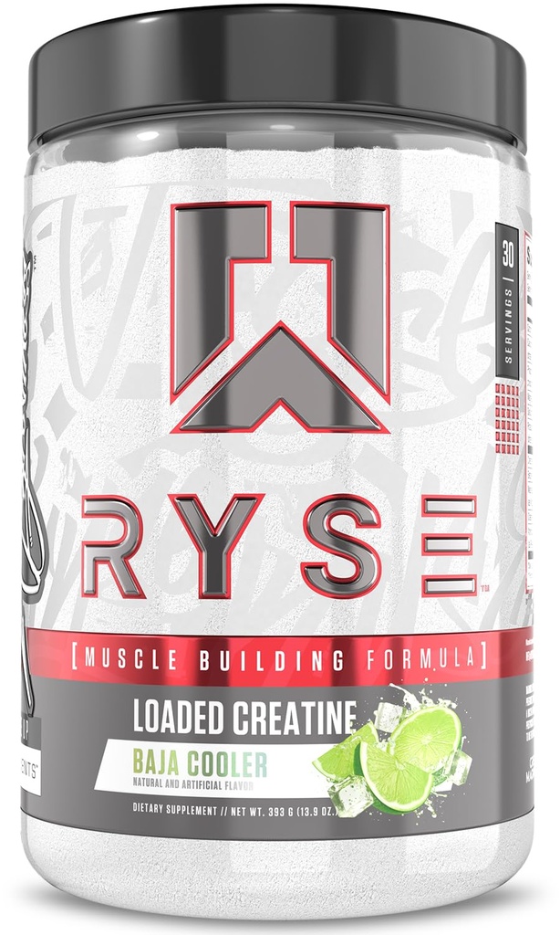 RYSE Loaded Creatine for Men & Women - Baja Cooler - Muscle Building Formula dengan 3 Forms Electrolytes, Betaine Anhydrous dan Peak ATP - Kekuatan, Daya & Endurance Dukungan - 30 Hamba