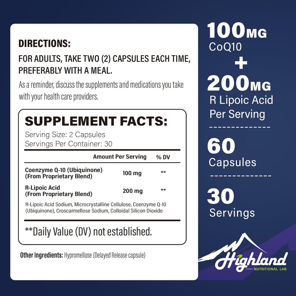 CoQ10 100mg + R-Lipoic Acid 200 mg per Serving, 1 Bulan Supply, Sampai dengan 5X Imporestion Imporpt, Acid R- CoQ10 untuk Kesehatan Hati dan Kognitive -60 Capsules