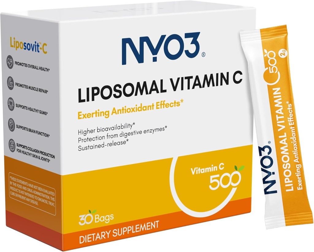 NYO3 Lipomal Vitamin C Powder, Mendukung Sistem Imune & Collagen Booster, Antioksidan Kuat, Impreve Kesehatan Skin, Gluten- Bebas, Absorpsi Tinggi Vitamin C, 500mg, 30 Count