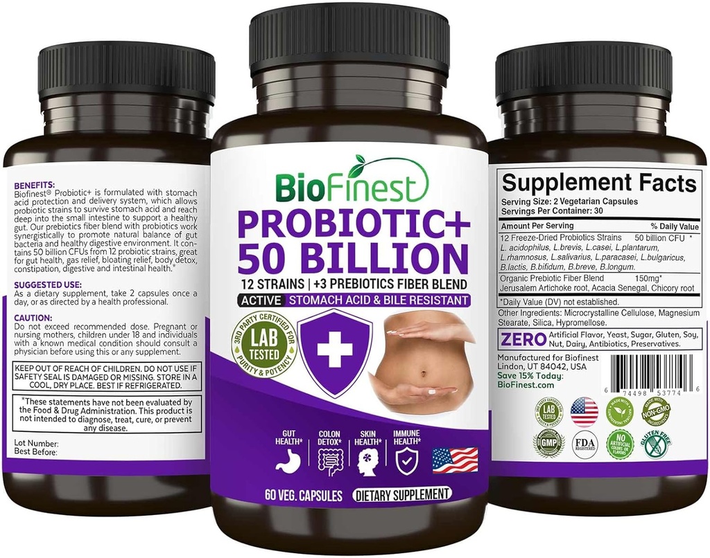 BioFinest Probiotic 50 Miliar CFU Enzyme Suplement - 12 Protetic Strains with 3 Natural Pregnant - Gut Disuffic Detox Gas Blotation Constipation - Acidophilus for Men Women (60 Vec. caps)