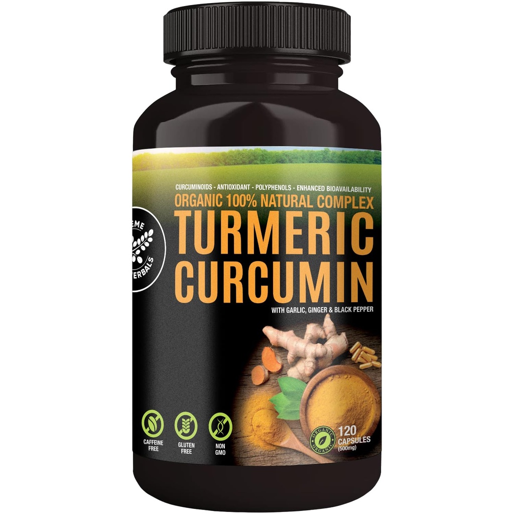 100% Raw and Organic Turmeric Curcumin Capsules. Sertifikasi Organik, Gluten- Free, Non- GMO, dan Caffeine- Free.
