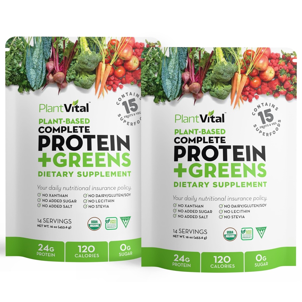 Plantvital Unfederored Organic Vegan Powder - 15 Superfood, Vegies dan Progories - Plant Organic - Based Protein Poader - All BCAA, Gluten Free - 16oz (Pack of 2)