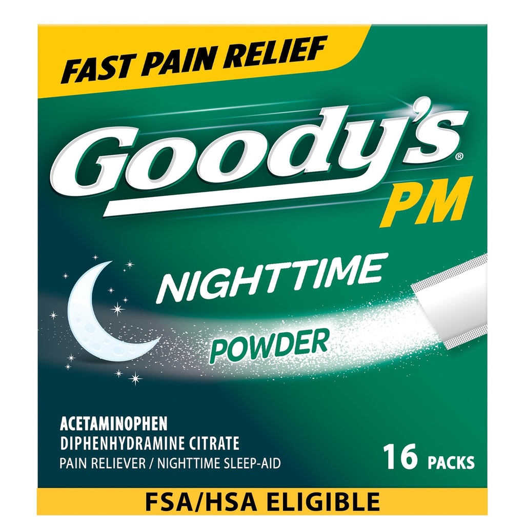Goody 's Nighttime Powder, Pack Reliever & Sleep Acetaminophen & Diphenhydramine Citrate, Caffeine Free, 16 Count
