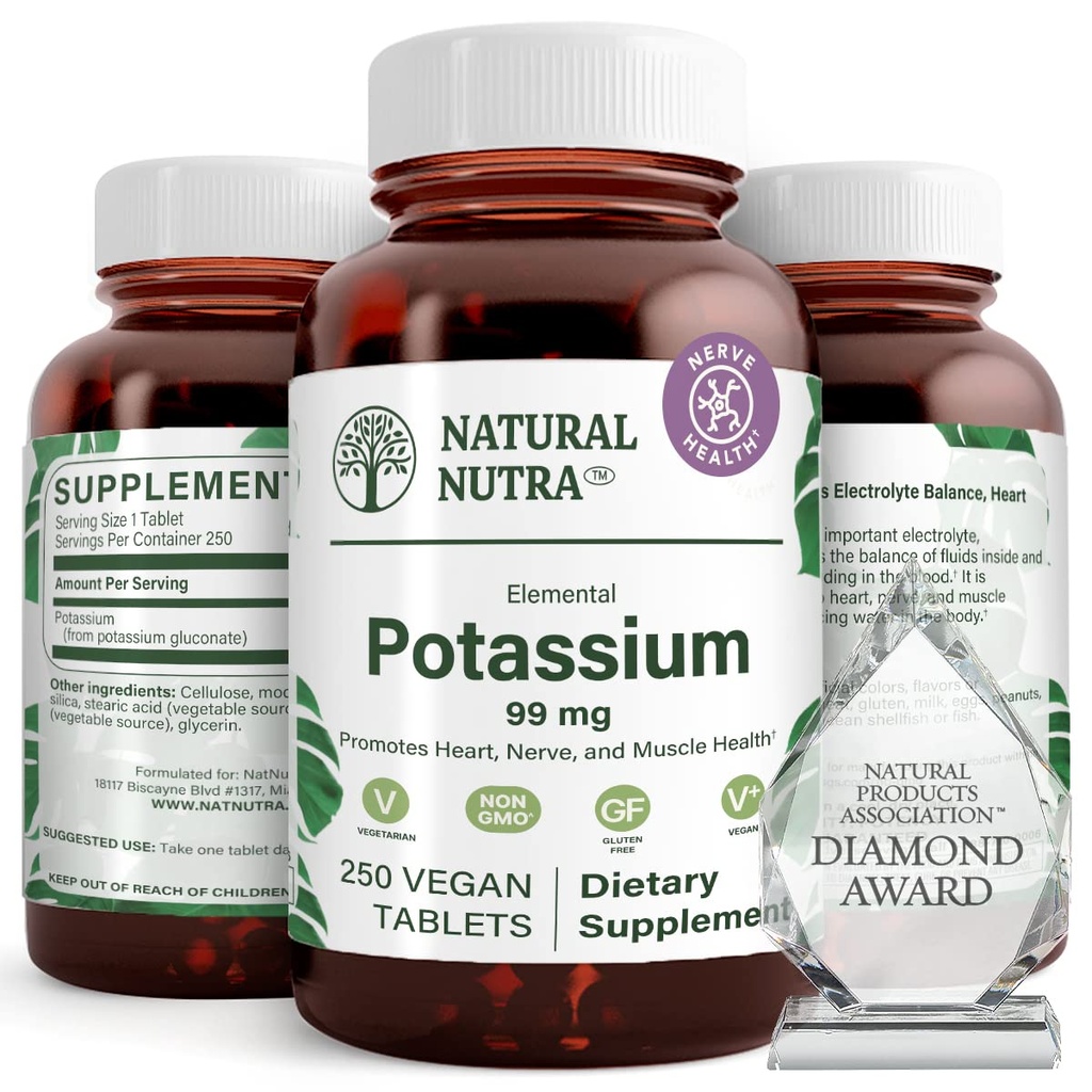 Natural Nutra Potasium Gluconate 99 mg Dietary Supplemen - Promotes Energy, Helling Boost Nervous System, Promotes Heart Health, Mineral Regulasi, Fungsi Muscle - 250 Vegan Tablet