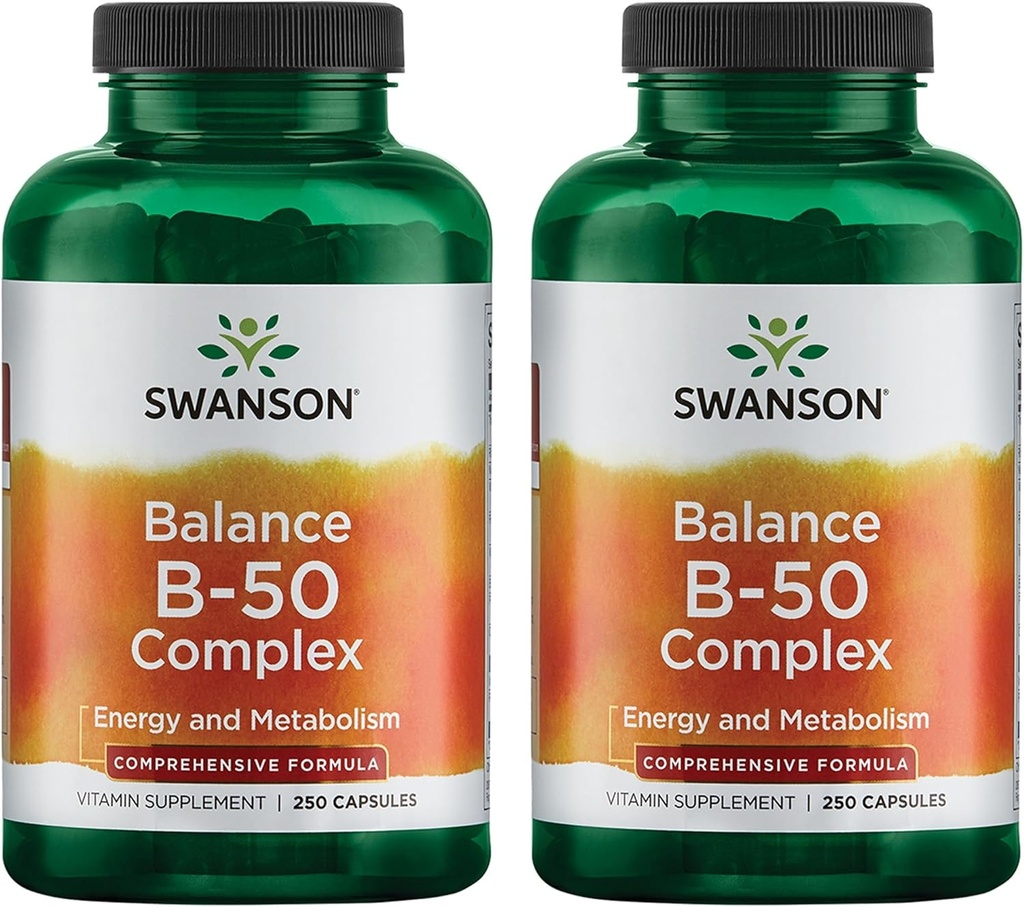 Swanson B-50 B-Complex - B Vitamin Complex with High Potency & Biovavability - Prombes Immune System Support, Aids Heart Health, & Supports Heally Gugup System - (250 Capsules) (2 Pack)