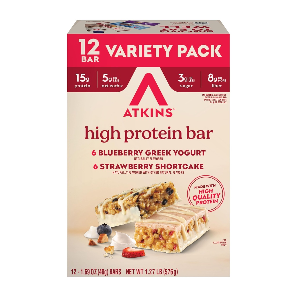 Atkins Blueberry Greek Yogurt & Strawberry Shortcake High Protein Bar, High Fiber, Keto Friendly, 12 Bar Each Flavor)