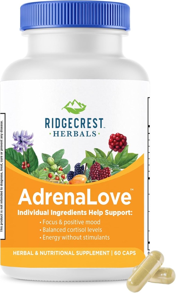 Ridgecrest Herbals AdrenaLove, Stress and Energy Support with Ashwagandha, L-Theanine, Ginseng, Schisandra, Taurine, Basil Suci, Adaptogens, B Vitamin (60 Vegan Caps, 30 Serv)