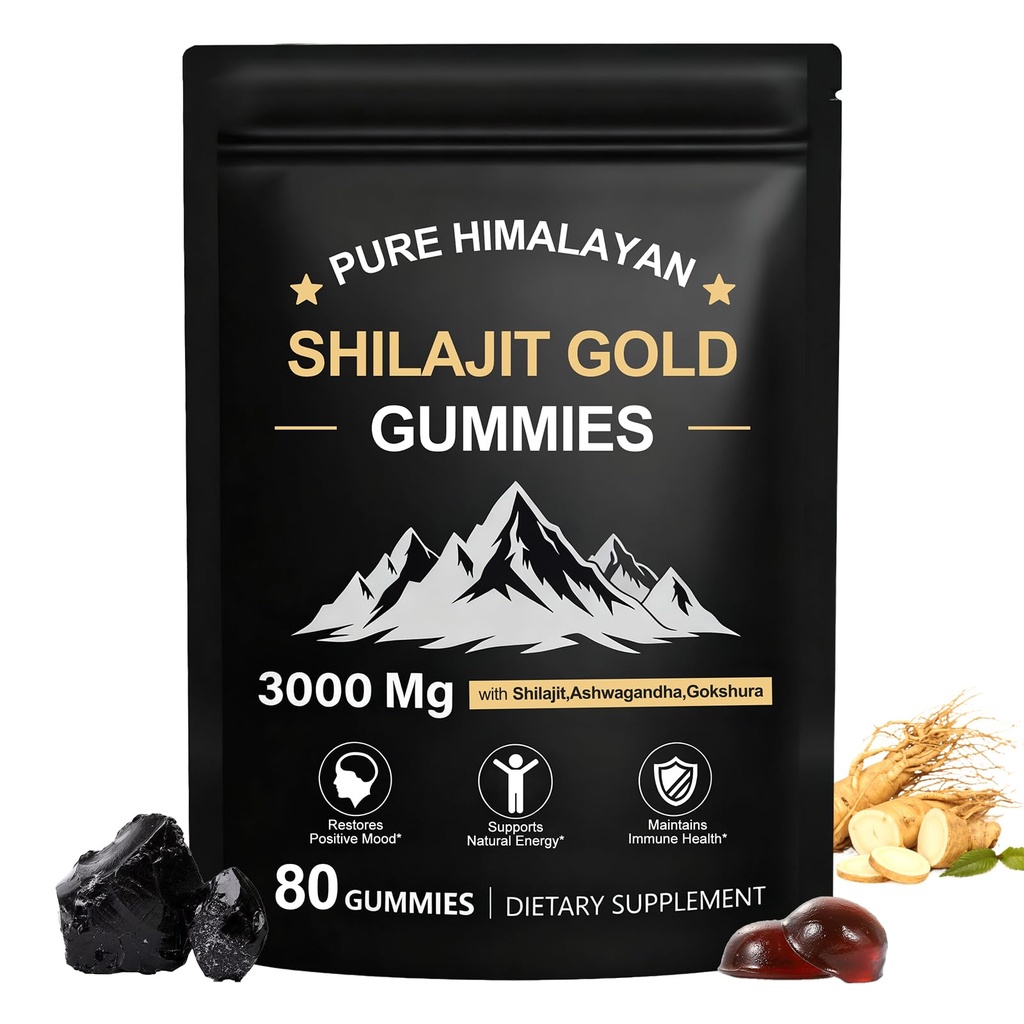 Shilajit Gummies, Pure Himalaya Shilajit Gummies Gold, No Sugar None-GMO 100% Natural & Organic, Ashwagandha, Gokshura 12.4; Fulvic Acid & 85 + Trace Mineces for Men, Women 1244; 60 Gummy