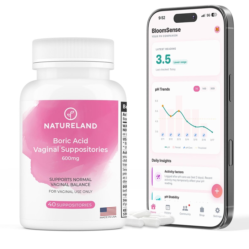 Natureland 40 Count, 600mg Boric Acid Viginal Suppotory, Made USA, Restore pH balance and Reduce Dryness, Odors, Itchiness, and Discharge, Dukung Intimate Health (40 Count (Paket 1)