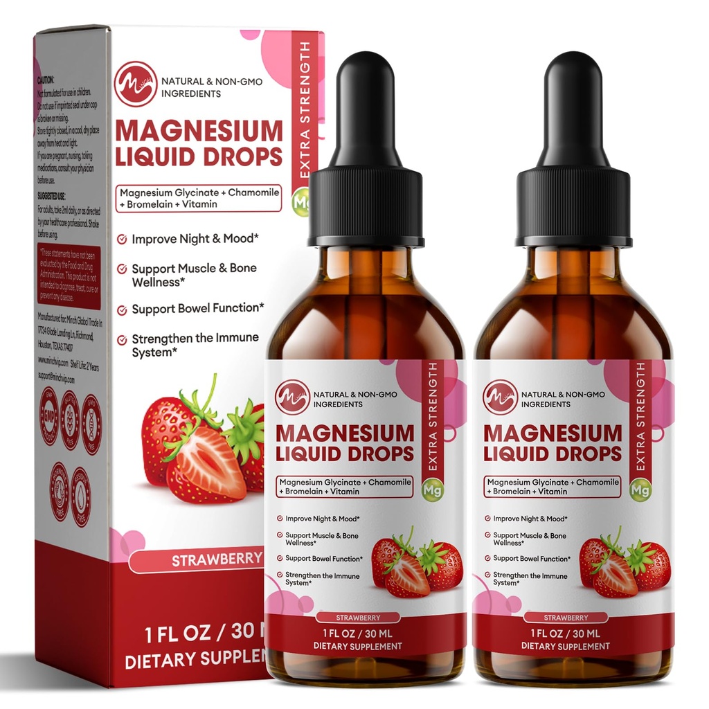 M inci Magnesium Glycinate Liquid, Absorpsi Tinggi Magnesium Liquid Drops dengan Cellubose Fiber, Bromelain, Vitamin B6, C, D, Zinc, Magnesium Tambahan Anak dan Dewasa, Strawberry Flavor, 2 Pack