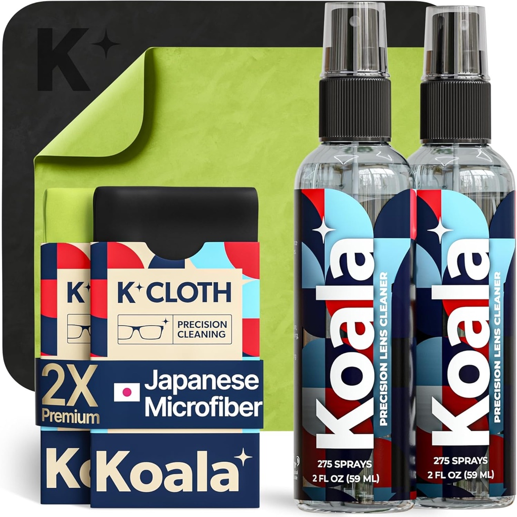 Koala Eyeglass Lens Cleaner Spray Kit 124; (2x) Glasses Cleaner Bottle + (2x) Microfiber Cloth 124; HourFree Eyeglass, Screen, dan Kamera Cleaning Kit 124; Dibuat di USA (4 Piece Set)