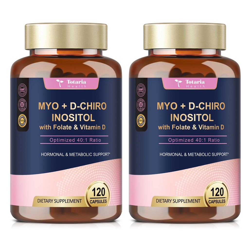 Totaria Inositol Suplemen untuk Perempuan dengan Vitamin D3, Folate, 40: 1 Rasio Myo- Inositol & D-Chiro Inositol Kompleks, (Vitamin B8) Inositol Capsules, Paket 2