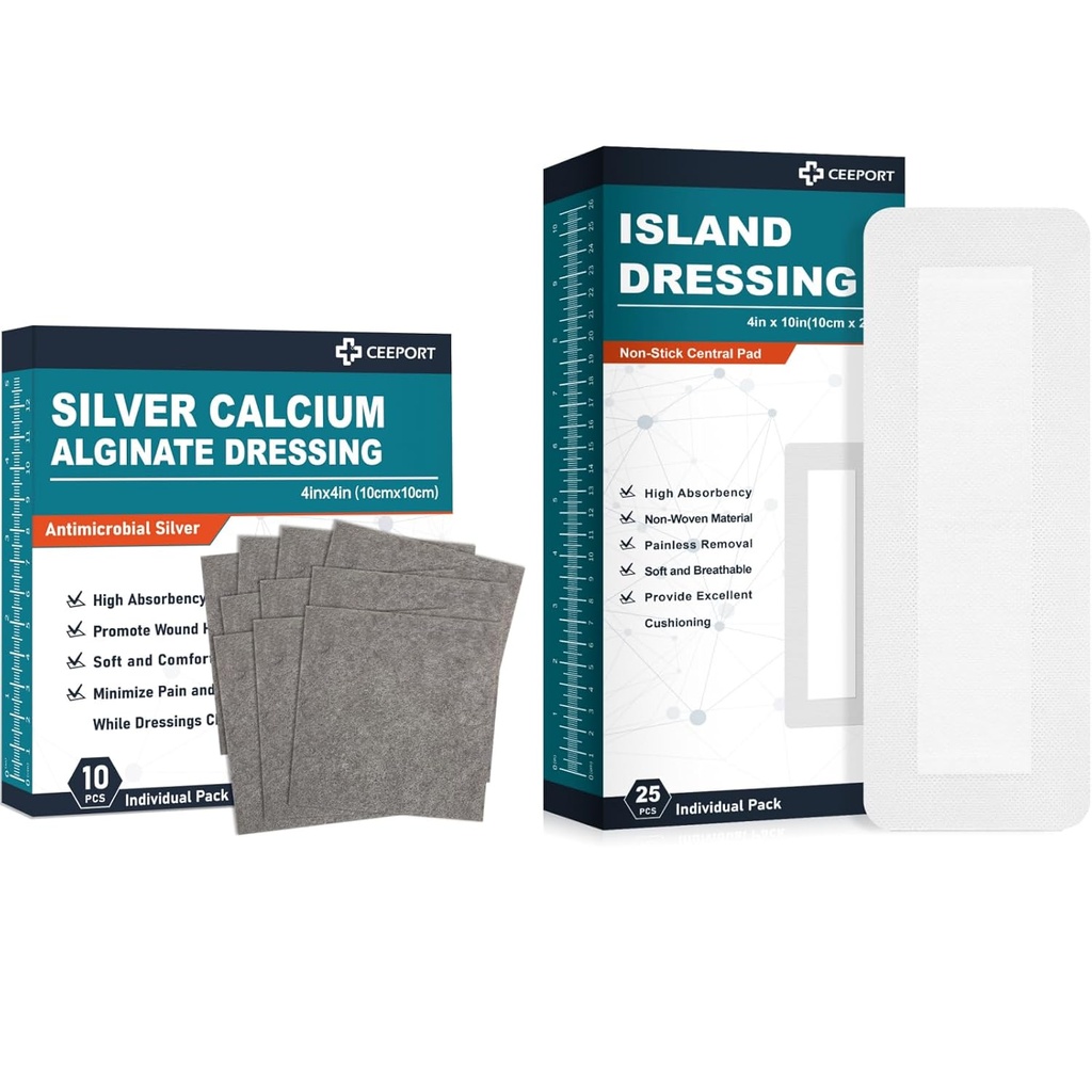 Silver Calcium Alginate Dressing (4 "x4" 10Pcs) + Island Dressing (4 "x 10" 25Pcs)