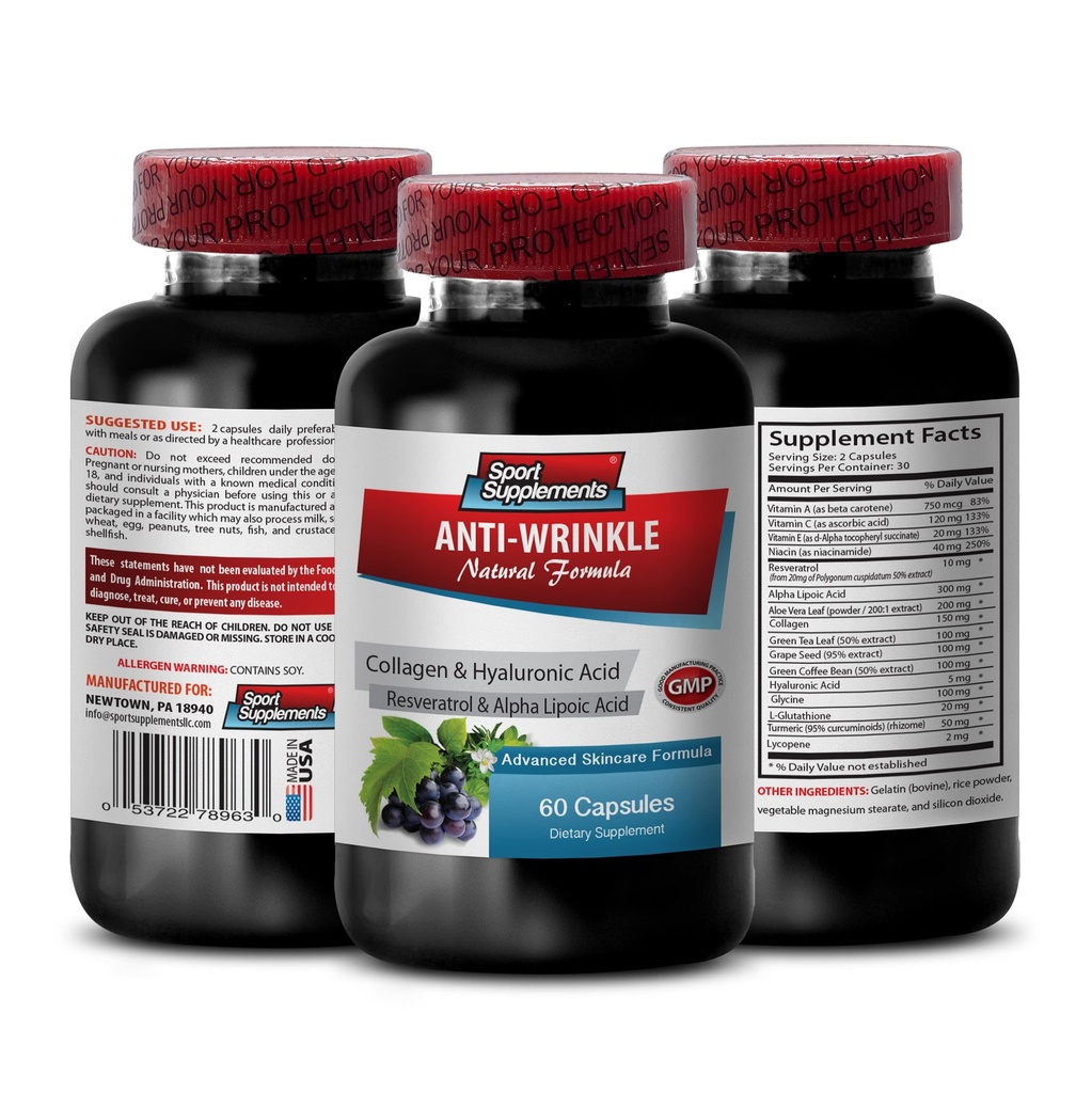 Reveratrol 250 - Anti- Wrinkle Pill - anti perawatan kulit untuk perempuan, kolagen pil anti kerut, lidah buaya untuk kulit, lidah vera kapsul organik, vitamin asam hauloronik, 1 Bot 60 Capsules