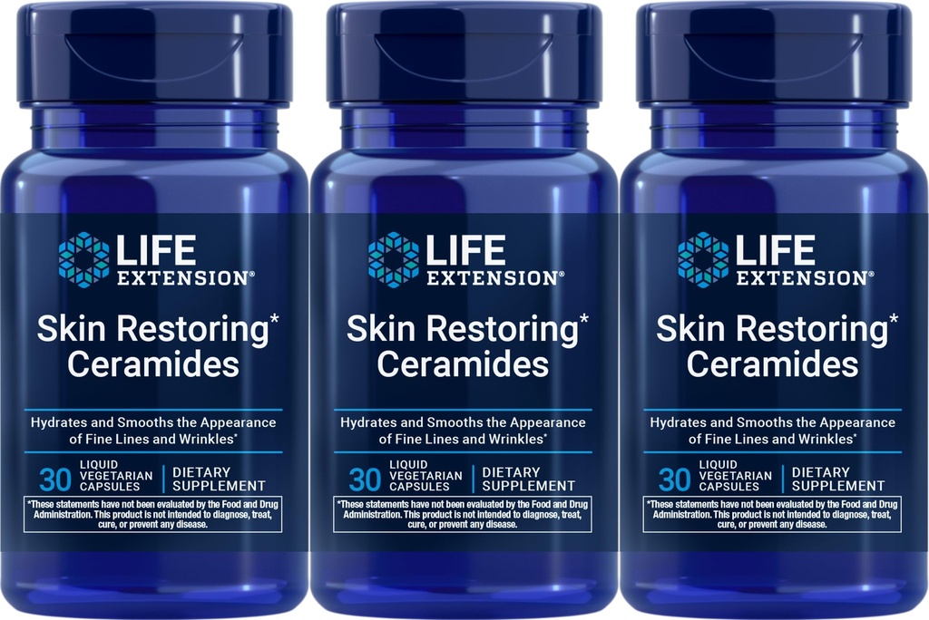 Ekstensi Hidup Skin Mengembalikan Ceramides, 30 Liquid Vegetarian Capsules (Paket 3)