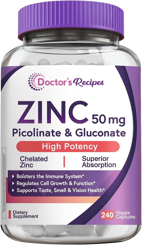 Dokter 's Recipes Zinc 50mg, Sangat Absorbable Zinc Picolinate & Gluconate, Menyediakan Pertahanan Ammune Alam, DNA & Protein Formasi Sel, Non-GMO, 240 Vevgie Capsules