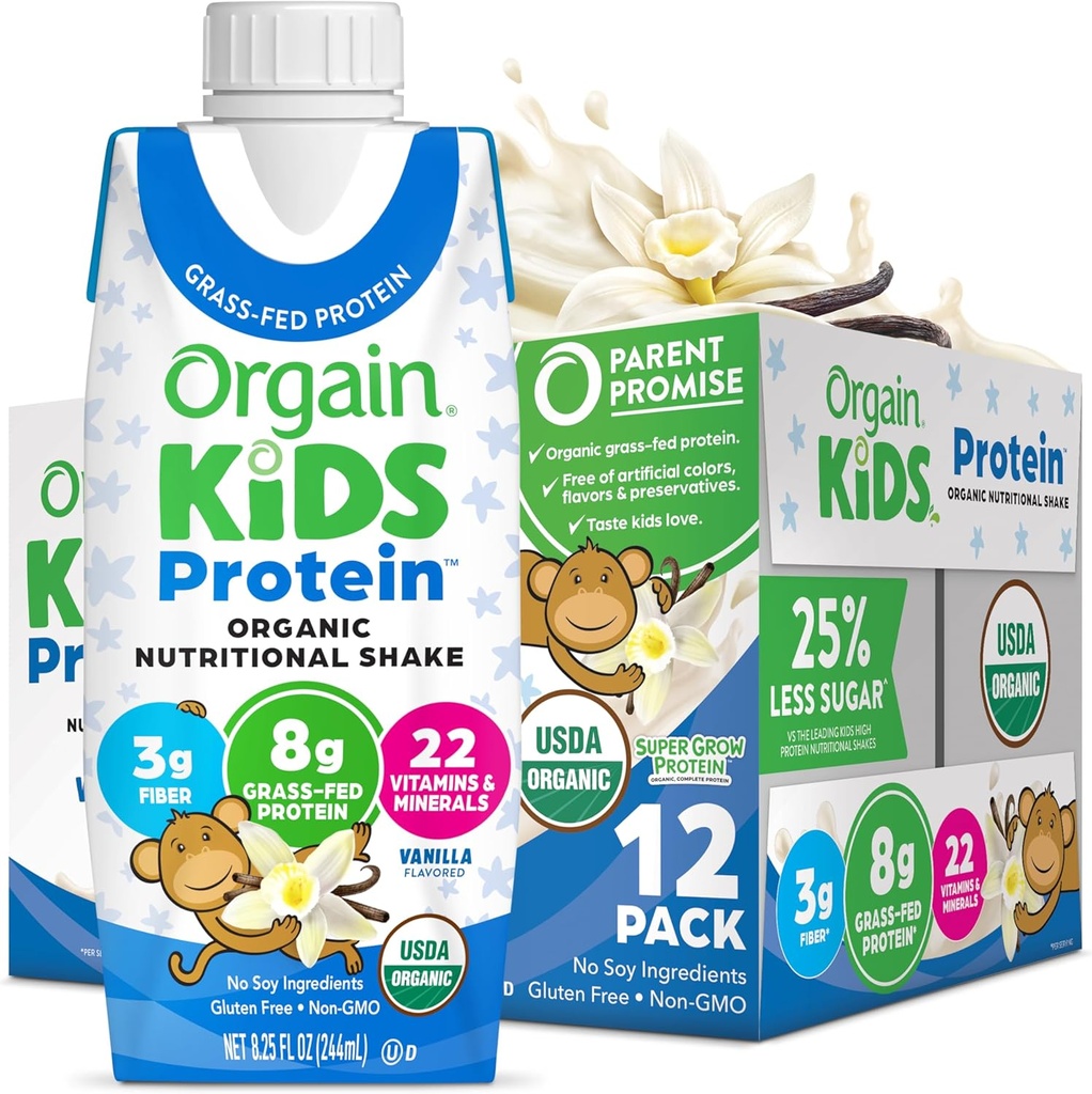 Orgain Orgaic Kids Nutorious Protein Shake, Vanilla, Snack Anak Sehat, 8g Dairy Protein, 3g Fiber, 22 Vitamin & Mineces, bahan kedelai, Gluten Free, Non-GMO, 8.25 Fl Oz (Paket 12)