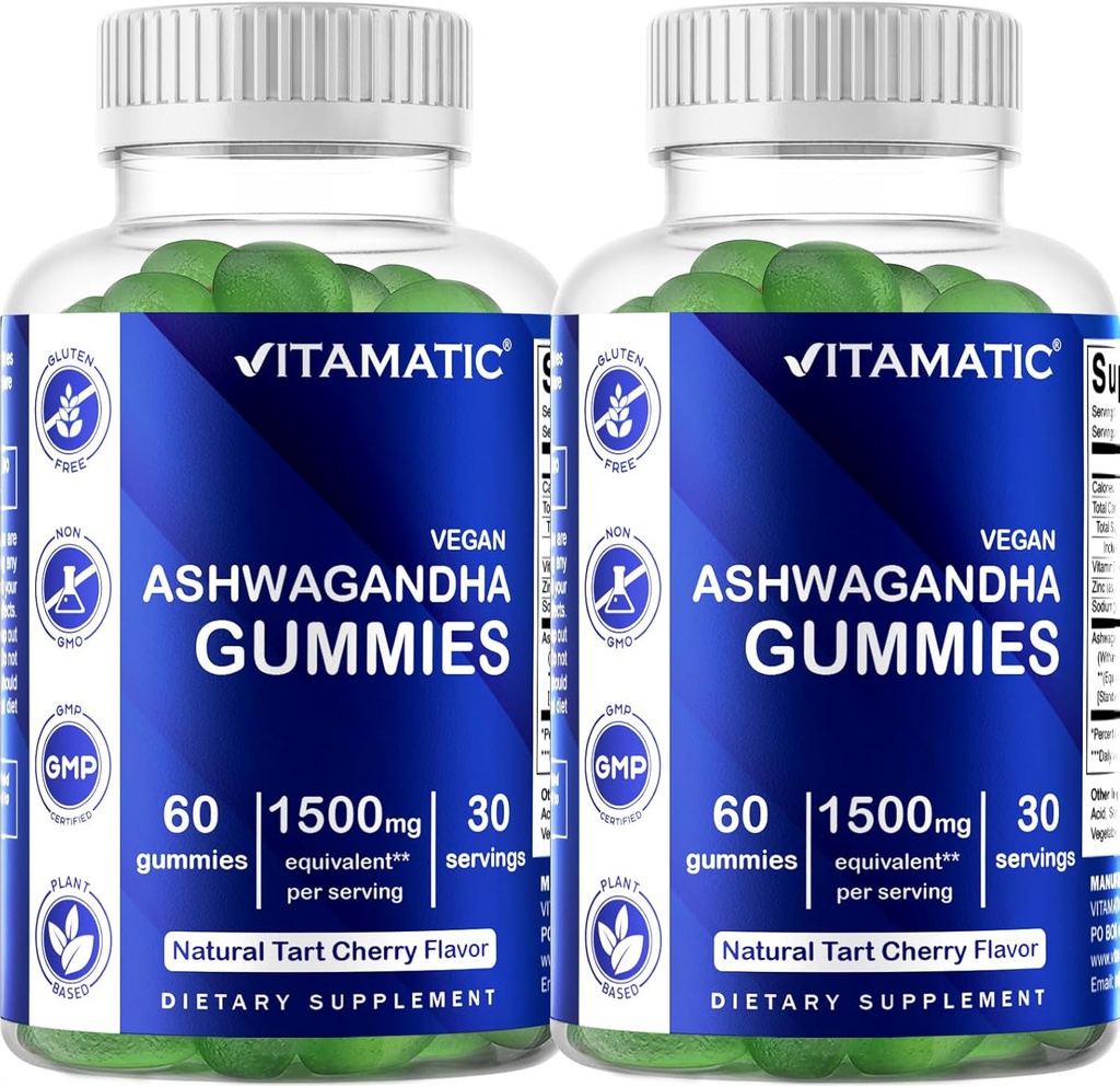 Vitamatic 2 Pack Ashwagandha Gummies 1500 mg Equivalen Per Serving (dari 30: 1 Ekstrak 50 mg) - 60 Vegan Gummies - 3% Wittanolides