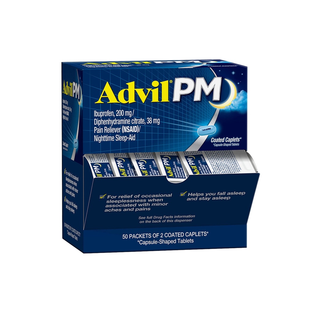 Advil PM Reliever Pain and Nighttime Sleep Aid, Suin Medicine with Ibuprofen for Pain Relief and Diphenhydraine Citrate for a Sleep Aid - 50x2 Coated Caplets