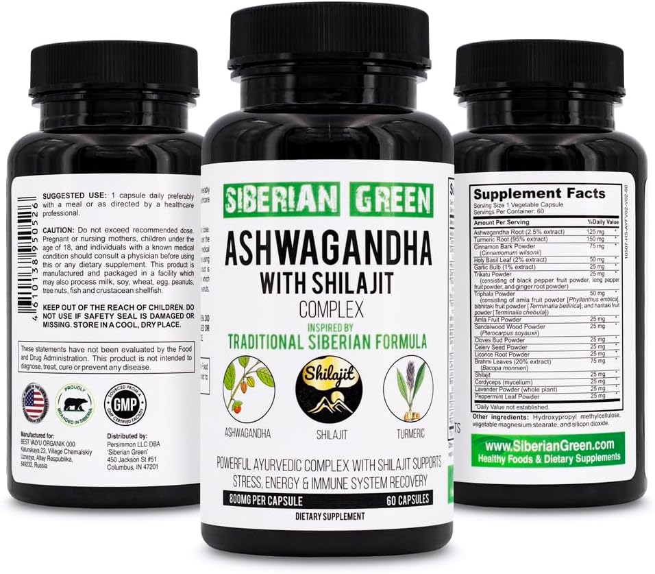 Siberian Green Ashwagandha dengan Altai Shilajit & Turmeric Ayurvedic Complex 60 Capsules - Siberia Tradisional Formula Stress Relief, Mood, Energi Dukungan, Immune System Recovery