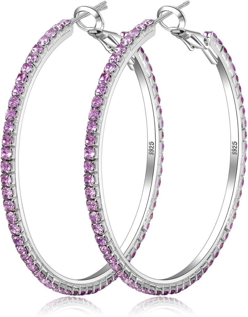 925 Sterling Silver Earrings Large Rhinestone Hoop Earrings Big Cubic Boop Earrings Thin Rhinestones Round Hoop Earrings for Women 20 / 30 / 40 / 50 / 60 / 70mm Sparkly Hoops Dengan Kristal untuk Womens