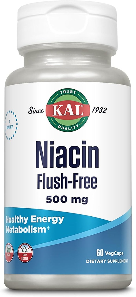 KAL Niasin 500mg Flush Free - Vitamin B3 Suplemen - Metabolisme dan Energi Dukungan - Skin, Nerve, Digetical Health dan Circulation Dukungan - Vegan Vitamin, Jaminan 60- Day, 60 hamba, 60 VevCaps