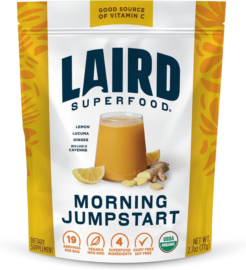 Laird Superfood Morning Jumpstart Powder Supplement, Lemon, Lucuma, Ginger dan Cayenne Cleanse, Organik, 2.7 Oz Bag, Paket 1