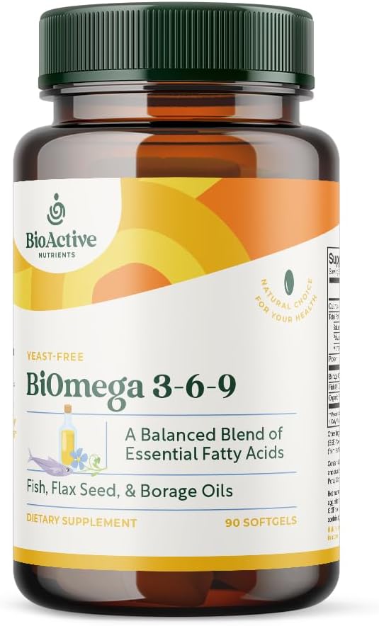 BIOACTIVE NUTRIENTS BiOmega 3-6-9 Tambahan Suftgels untuk Perempuan & Pria - Omega 3 6 9 - Kompleks dari The Best Fish, Flaxseed Oil, dan Penyesuaian Minyak Borage - 1200mg - 90 Softgels