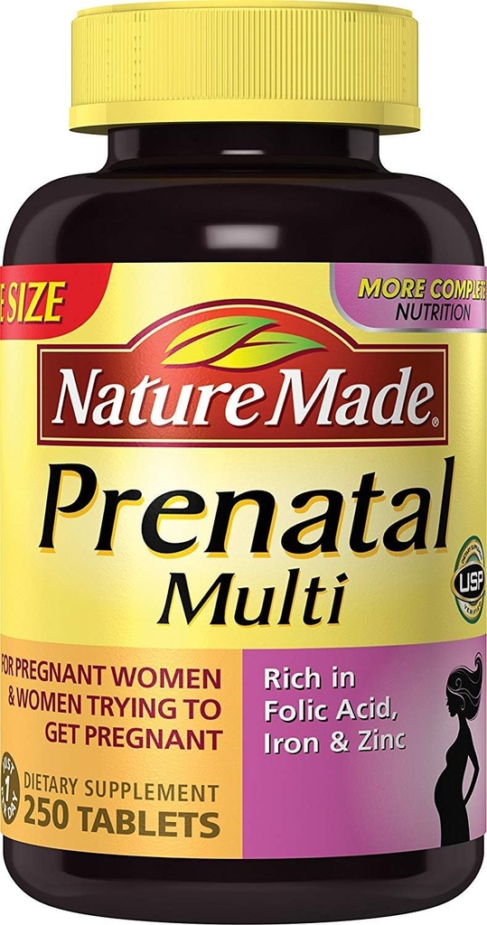 Nature Made Prenatal Multi, 250 Tablet, Folic Acid + 17 Vitamin & Minemals to Dukung Pengembangan Bayi dan Ibu, Vitamin D3, Kalsium, Besi, Idesin C, dan More