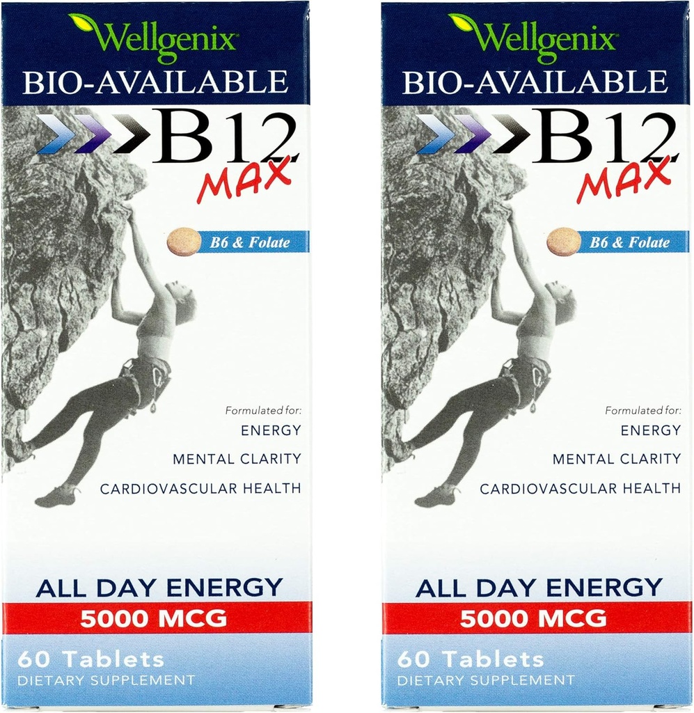 Wellgenix Bio- Tersedia Sublinual B12 Max - Formulated untuk Absorpsi Tinggi - Nutransi Multivitamin B12, B6, Mengalir - Dissolve Cepat (60 Ct) 2 Pack
