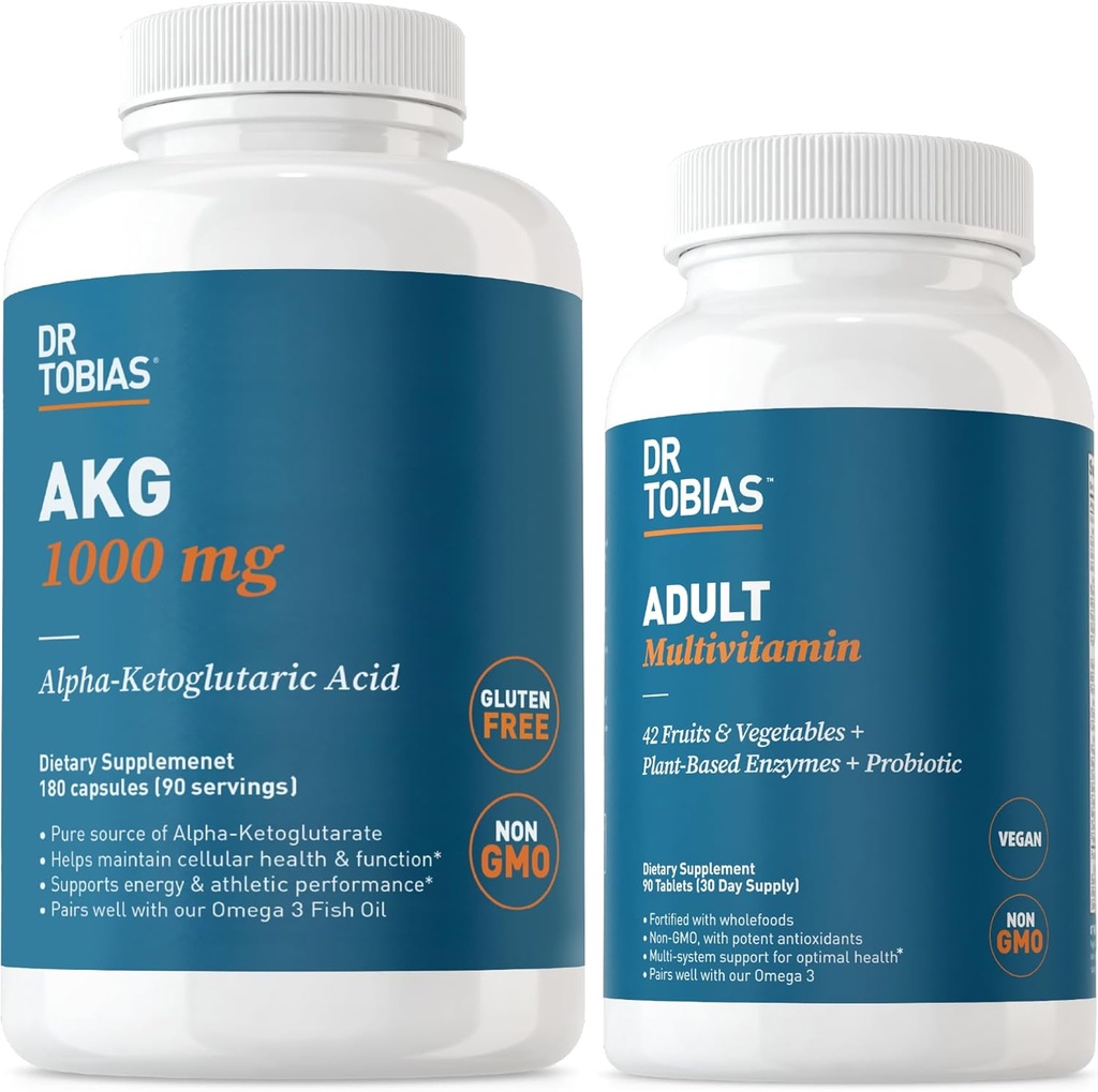 Dr. Tobias AKG Supplement & Dewasa Multivitamin - Comprehensive Cellular Energy & Nutrient Dupport for Overall Wellness and Vitalitas, Vegan, Non- GMO